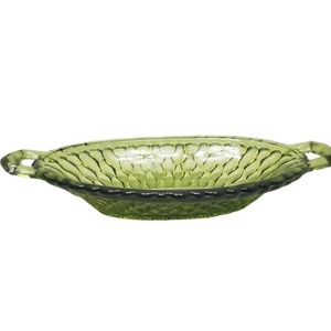 Vintage 1960s Indiana Glass Avocado Green Honeycomb Oval Pickle Dish 2- Handles